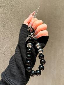 1 pieza Cordón personalizado y creativo para teléfono con cuentas negras, correa de muñeca para funda de teléfono, colgante de llavero - Negro - Ver 4