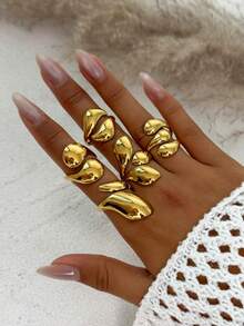 4 件复古朋克几何不对称泪滴开口戒指套装，极简主义金属金色首饰套装，适合女性日常佩戴、派对装饰、节日礼物、日常服装配饰 - 水滴戒指套裝 - 查看 5