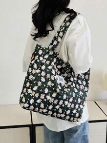 Cherry Print Simple Bucket Large Shoulder Tote Bag, Student Girl Shoulder School Bag, Heart Print Sweet Bag, Corduroy Tote Bag, Fashion Tote Bag For All Seasons - Black - View 6