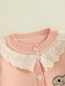 Baby Girl Cardigan, Long Sleeve Button Closure Embroidery Rabbit Winter Warm Knit Sweater Infant Clothes - Pink - View 3