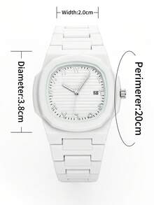 1 件男士优质塑料简约日历反时尚横条纹男士手表石英男士手表 - 白色 - 查看 11