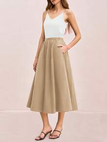 Womens A-Line Midi Skirt Elastic High Waist Pleated Flowy Swing Casual Long Skirt With Pocket - 卡其色 - 查看 6