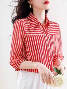 女士半透明红色条纹V领荷叶边袖蕾丝边衬衫 - 紅色 - 查看 3