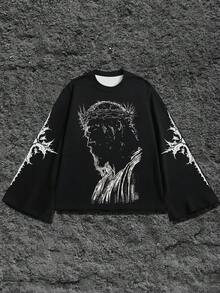1 件男士宽松复古时尚耶稣 3D 印花喇叭袖短款休闲 T 恤，春夏秋季，情绪摇滚，秋季，2000 年代风格 - 黑色 - 查看 2