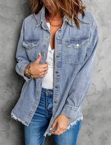 Vetinee Women's Oversized Button Up Frayed Hem Shacket Long Sleeve Pockets Denim Jean Jacket - 千洋之藍 - 查看 9