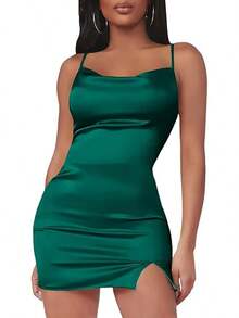 LYANER Women's Satin Silk Spaghetti Strap Slit Bodycon Sleeveless Mini Dress Prom Dress - 綠松石 - 查看 1