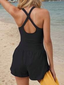 tooluck Womens Running Jumpsuit Workout Rompers Athletic Romper One Piece Outfits Exercise Jumpsuits Gym Yoga Clothes Black - 黑色 - 查看 2