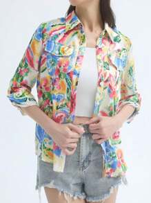 女士彩色扎染渐变撞色长袖休闲衬衫，人造丝尼龙印花面料，纽扣长袖休闲衬衫，有口袋，长袖上衣，适合日常通勤，休闲度假穿着，适合秋冬季旅行