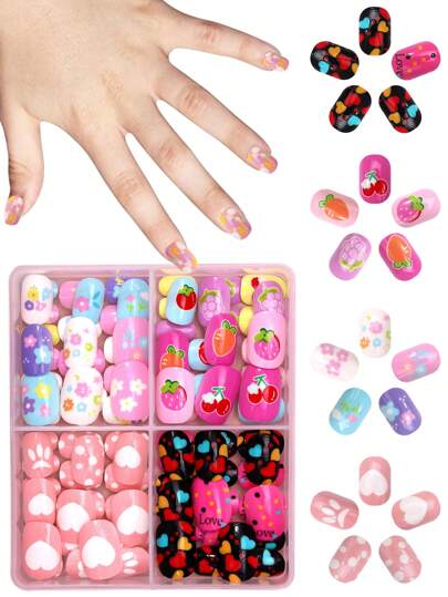 96pcs/Set Kids Press-On Nails Acrylic False Nails Pre-Glued Full Cover Glitter Cute Strawberry, Flowers, Carrots, Kids, Heart Polka Dots And Other Elements Short Kids Stick-On False Nails Set For Kids Little Girls - Cute Romantic Fruit Party Theme
