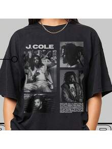 Vintage J. Cole Graphic T-Shirt - Retro 90s Hip Hop Style, Unisex Cotton Tee For Music Lovers, Casual Loose Fit, Black With White Print, Short Sleeve, Casual Attire - 黑色 - 查看 1