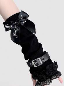 1 双 - Y2K 亚文化黑白条纹蕾丝袖套，洛丽塔甜美酷炫 JK 袖套，夏季薄款朋克风 - 蝴蝶結卡扣袖套 - 查看 3