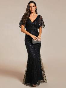 Đầm dạ hội đen dáng đuôi cá, cổ chữ V, tay cánh bướm, đính sequin hoa, chất liệu lưới, thanh lịch, phù hợp cho các buổi dạ tiệc, đám cưới mùa xuân, tiệc tùng, tiệc dành cho mẹ cô dâu và các dịp trang trọng khác. - màu đen - Xem 4
