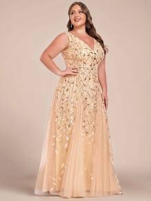 Deep V-Neck Sequin Contrast Color Mesh Formal Dress - Gold - View 4