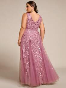 Deep V-Neck Sequin Contrast Color Mesh Formal Dress Wedding - Dusty Pink - View 3