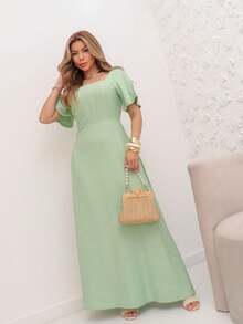 MODA MO, REF:8025 Women's Short-Sleeved Lotus Edge Dress, Solid Color, Long A-Line Skirt, Temperament Slim Waist Skirt For Summer 2025 - 綠色 - 查看 3