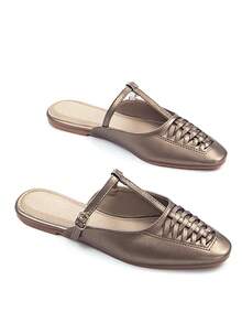 女士休闲手工编织镂空装饰卡其色褶皱超细纤维时尚方头舒适拖鞋，带踝带，适合日常和派对穿着 - 卡其色 - 查看 2