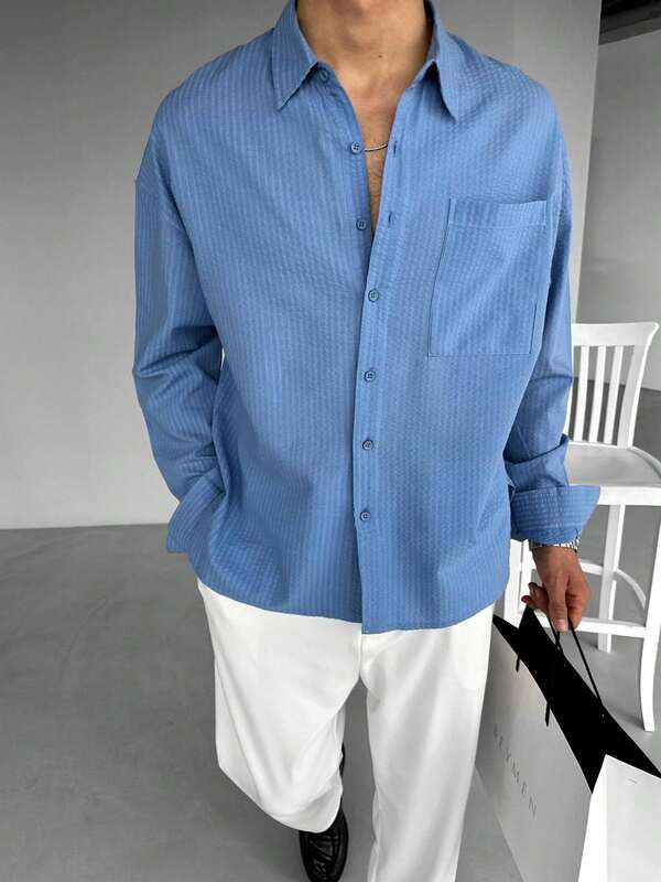 Casual Loose Fit Subtle Striped Jacquard Long Sleeve Shirt, Fall