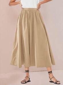 Womens A-Line Midi Skirt Elastic High Waist Pleated Flowy Swing Casual Long Skirt With Pocket - 卡其色 - 查看 1