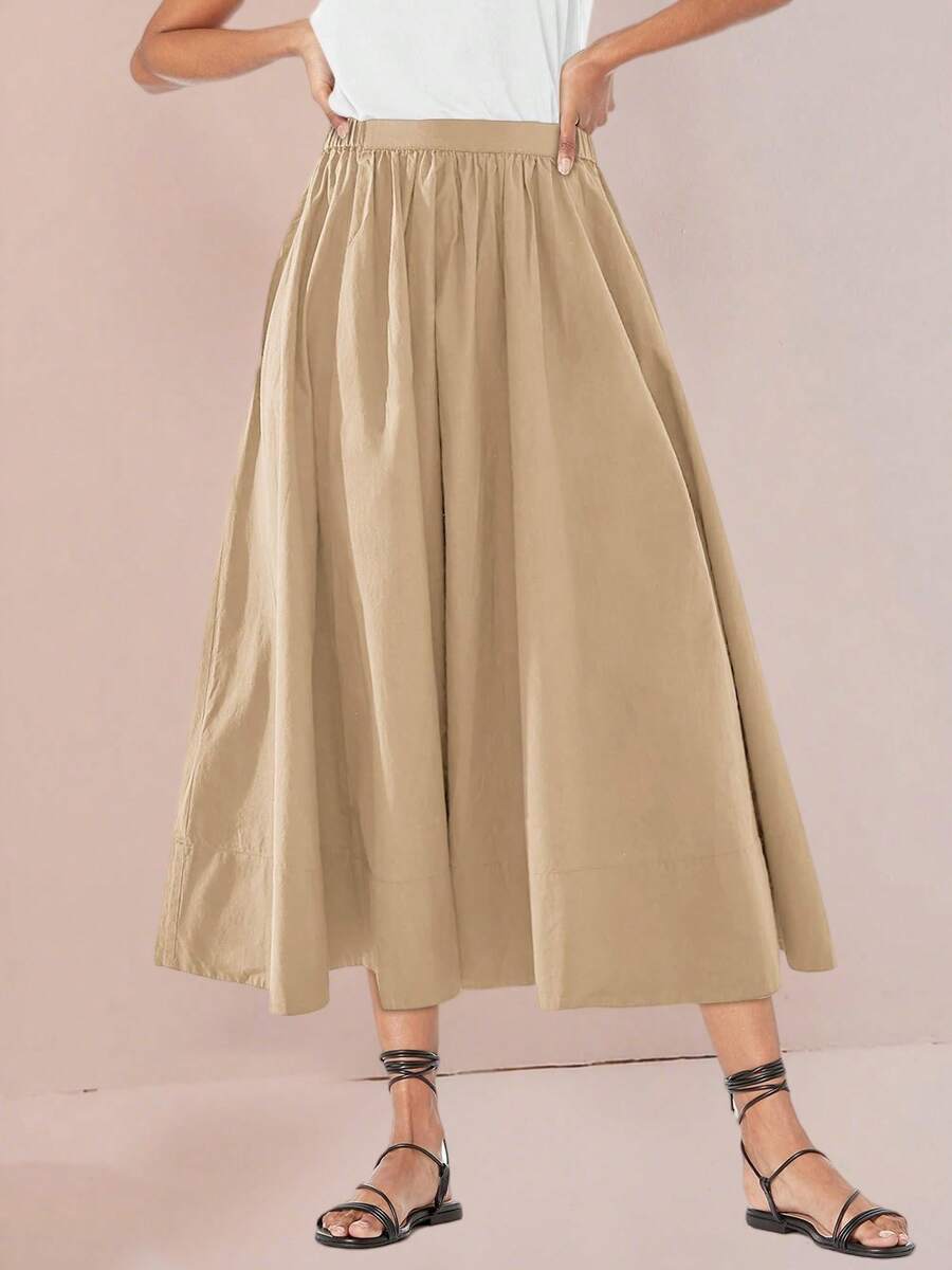 Womens A-Line Midi Skirt Elastic High Waist Pleated Flowy Swing Casual Long Skirt With Pocket - 卡其色 - 查看 1
