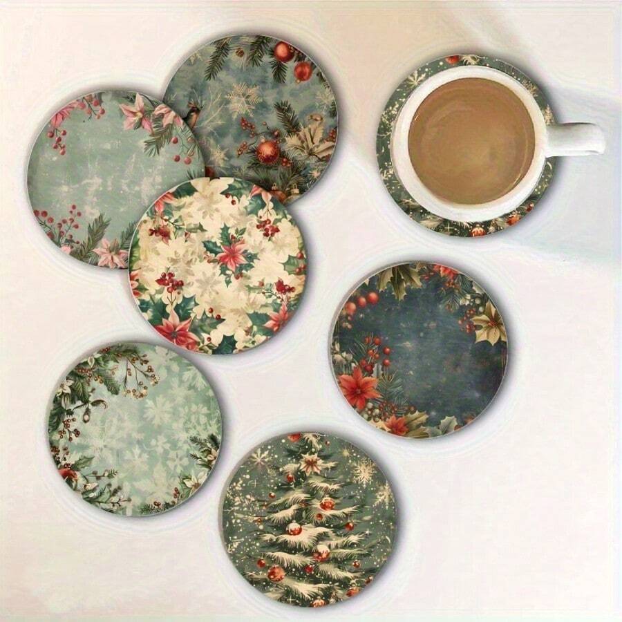 1 Set Of 6 Pieces,10x10cm Christmas Vintage Decorative Wooden Coasters Set, Winter Christmas Tree Art Coasters For Patio Table, Kitchen, Room, Dining Table, Home, Christmas Party, Christmas Gifts For Friends And Family, Birthday Gifts, Holiday Gifts,Coaster Set,Coasters Drink Coasters,Coaster For Cup At Home,Choice Of 1, 2 Or 31 Sets - Green - View 1