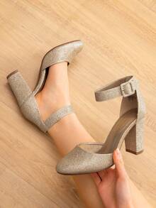 Women's High Heel Closed Toe Dress Shoes Chunky Wedding Pumps For Ladies - Gold-glit - View 1