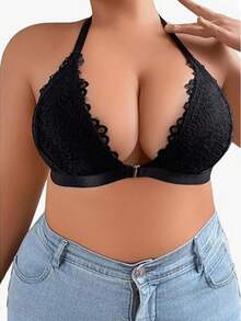 1pc Women's Plus Size Bra, Deep V, Black Lace Material, Vest Front Button, Back Triangle Cross Shoulder Strap, Fashionable And Sexy, Stylish & Sexy, Lingerie, For Daily Wear & Special Occasions