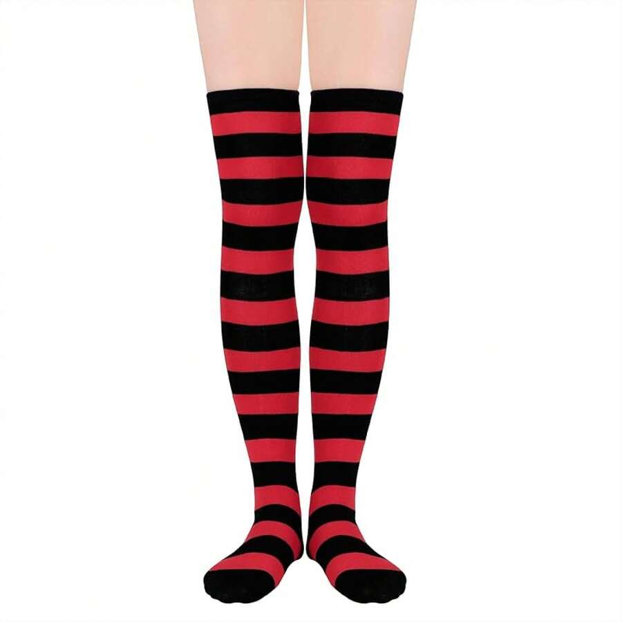 Womens Thigh High Socks Striped High Knee Socks Knee High Socks For Cosplay Long Socks Over The Knee Leg Warmers - Đỏ Đen - Xem 1