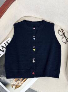 Wixra Autumn/Winter New Bow Embroidery Knitted Vest For Women, Sweet Colorful Button Sleeveless Sweater, Versatile Layering Piece