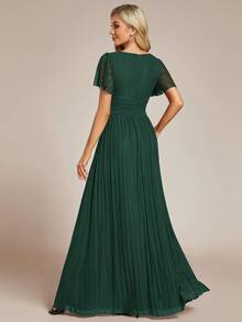 Vestido de noche elegante y sexy con cuello en V profundo, volantes y mangas cortas plisadas para mujer - Verde Oscuro - Ver 2