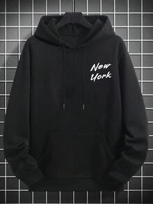 Zrgoth 男士休闲纽约街头地标图案印花抓绒连帽衫，秋冬款 - 黑色 - 查看 7