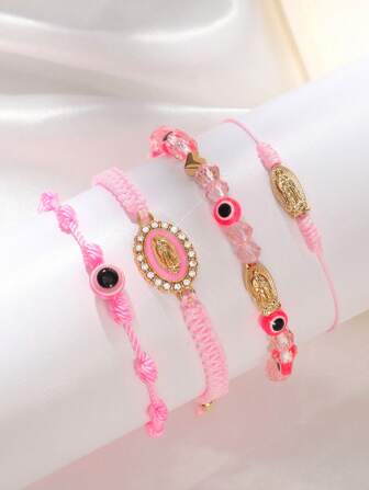 4pcs/Set Fashion Mexican Braclets Virgin Mary Cross Hand Woven Bracelet , Evil Eye Heart Beads Hand Woven Bracelet, Lucky Gift