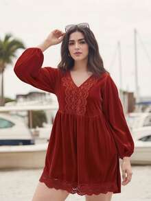 Women's Plus Size Velvet Smock Dress Long Sleeve Deep V Neck Lace Trim Flared Hem Boho Party Style - 紅色 - 查看 7