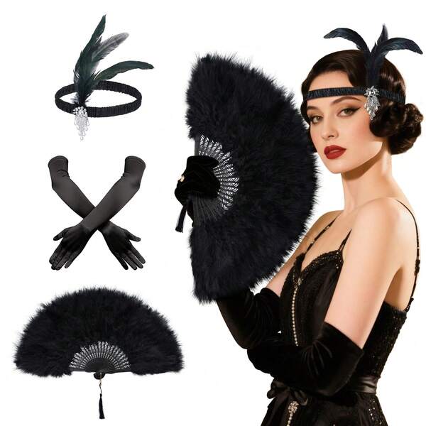 2/3 Packs 1920s Flapper Accessories For Women - Feather Fan, Headband & Gloves Set For Vintage Wedding Dancing Cosplay Costume Great Gatsby Accessories (Black)