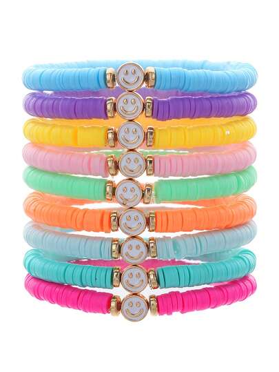 9pcs Bohemian Style Rainbow Color Alloy Smiling Face Polymer Clay Bracelet Set, Suitable For Girls Daily Wear And Parties