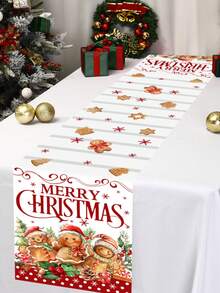 1 pezzo Runner da tavolo natalizio, 180*35cm, in poliestere con disegni di omini di pan di zenzero e alberi di Natale, decorazioni per Capodanno 2026 per la casa, la cucina e la sala da pranzo, forniture festive - Multicolore - Visualizzare 8