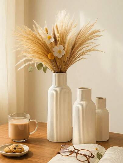Minimalist Ribbed Wit Vases, 1/ ative Faux Ceramic Look Fall Home Moderne Dried Flower Display, Great Living Room, Entryway, Dining Tafel Room Vase Glass view 2