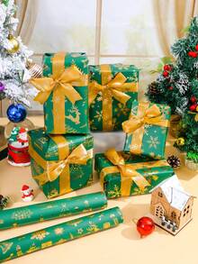 1 Roll 19.69 In X 196.85 In - Christmas Foil Metallic Wrapping Paper - Gold And Dark Green Reindeer, Christmas Tree, Snowflake Pattern, Party Decor, Perfect For Holiday Gifts, Christmas Presents And Wrapping