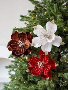 1pc Christmas Poinsettia Glitter Faux Flowers Elegant Christmas Artificial Flowers For Xmas Wreath Floral Decorations Luxury Xmas Tree Topper Christmas Tree Ornaments Holiday Home Party Decorations Home Decor Christmas Decorations Room Decor Winter