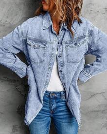 Vetinee Women's Oversized Button Up Frayed Hem Shacket Long Sleeve Pockets Denim Jean Jacket - 路夜藍 - 查看 5