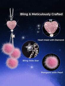 1件镶钻心形吊坠汽车后视镜挂饰，女士汽车配饰，汽车装饰品 - 均碼 - 查看 5