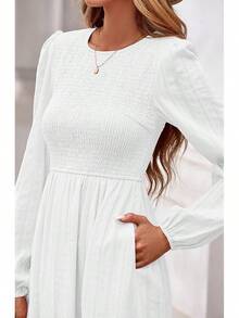 Vestidos Elegantes De Mujer Womens Long Sleeve Fall Dresses Casual Crew Neck Smocked High Waist Tiered Flowy Maxi Dress With Pockets - 白色 - 查看 6