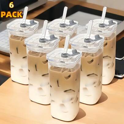 6-Piece Square Lidded Glass Cup With Straw And Straw Brush, Portable Drinking Cup, Iced Coffee Cup, Father's Day Cup, Perfect For Office, Party Supplies, Home, School, And Outdoor Use