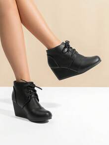 女性休閒時尚系帶低結婚鞋跟踝靴 - 黑色 - 查看 2