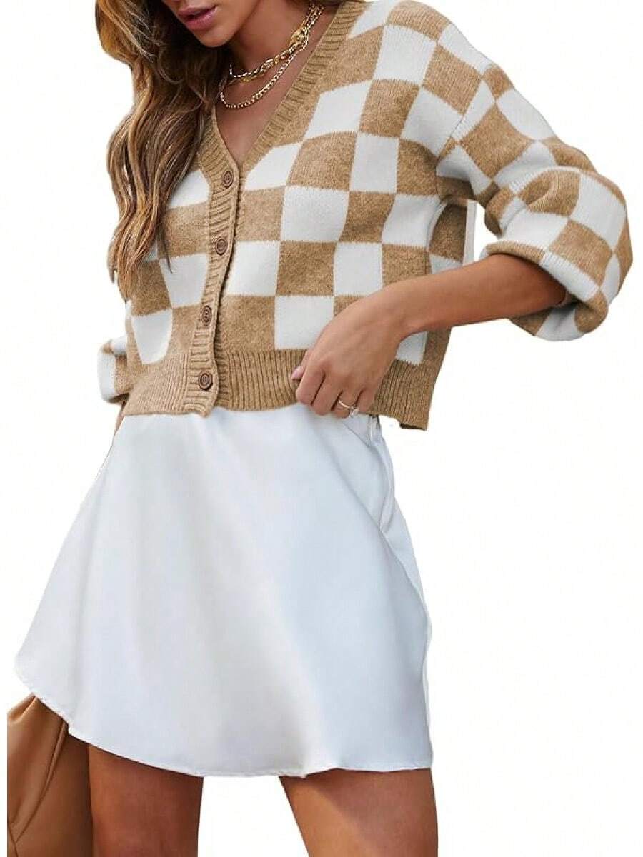 Women's Checkered Button Down Long Sleeve Knit Cropped Cardigan Sweater Tops, Style - Khaki - View 1