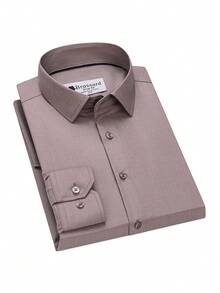 Men's Business Dress Shirts, Long Sleeve, Iron-Free, Slim Fit, Solid Color Korean Style Formal Shirts, Versatile For Work And Commuting. - Mocha Brown - View 1