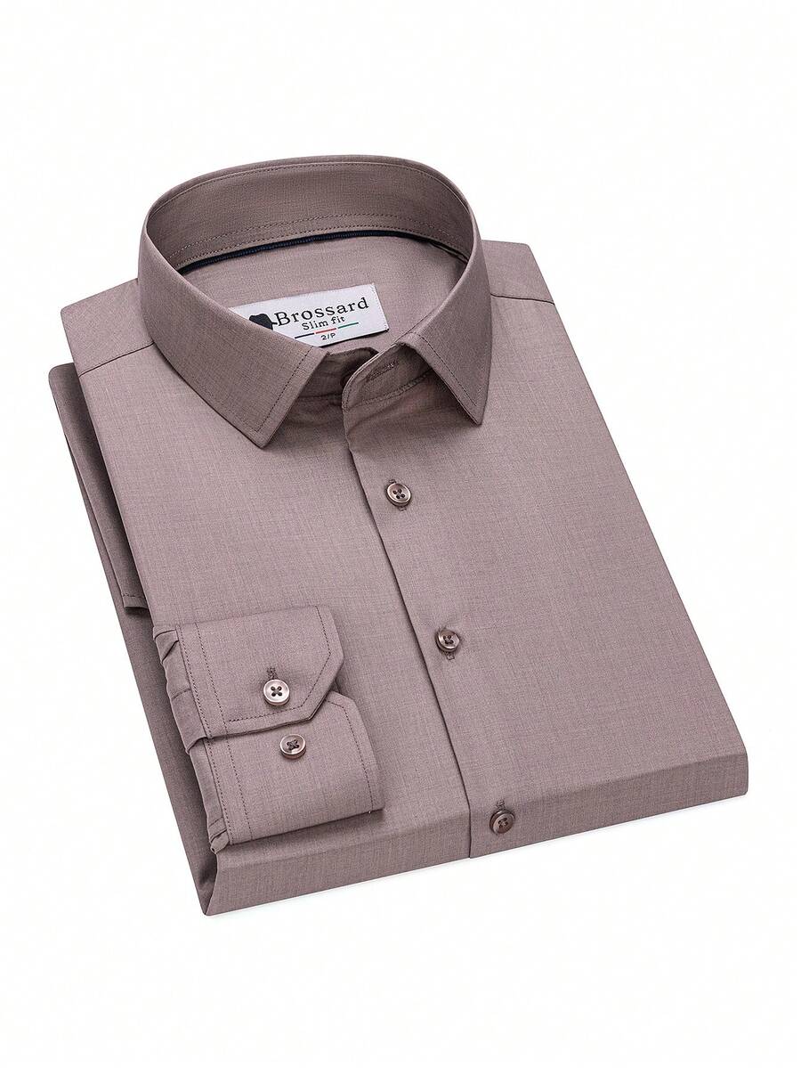 Men's Business Dress Shirts, Long Sleeve, Iron-Free, Slim Fit, Solid Color Korean Style Formal Shirts, Versatile For Work And Commuting. - Mocha Brown - View 1