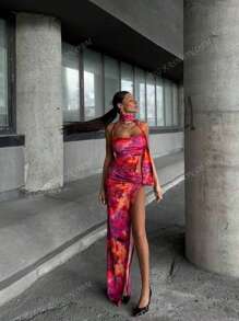 Vestido formal de fiesta elegante de unicolor con abertura en la espalda, bajo con volantes, adecuado para bodas y cenas formales