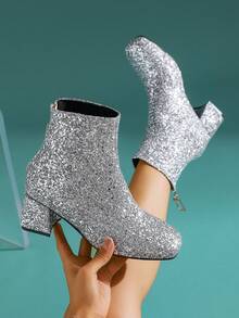 Women's Fashion Glitter Chunky Heel Ankle Boots, Back Zipper Square Toe High Heel Boots, Runway Plus Size Dress Boots - Silver - View 4