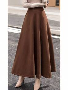 Women's Fall Winter A-Line Swing Pleated Long Maxi Skater Skirt, Wool, Style - Nâu túi - Xem 4