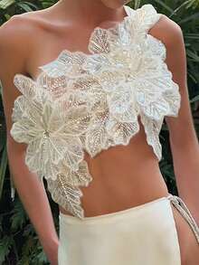 Women's 3D Flower Gorgeous Sequin Decor One Shoulder Sleeveless Bandeau Top Slim Fit Going Out Party Camisole - 白色 - 查看 1